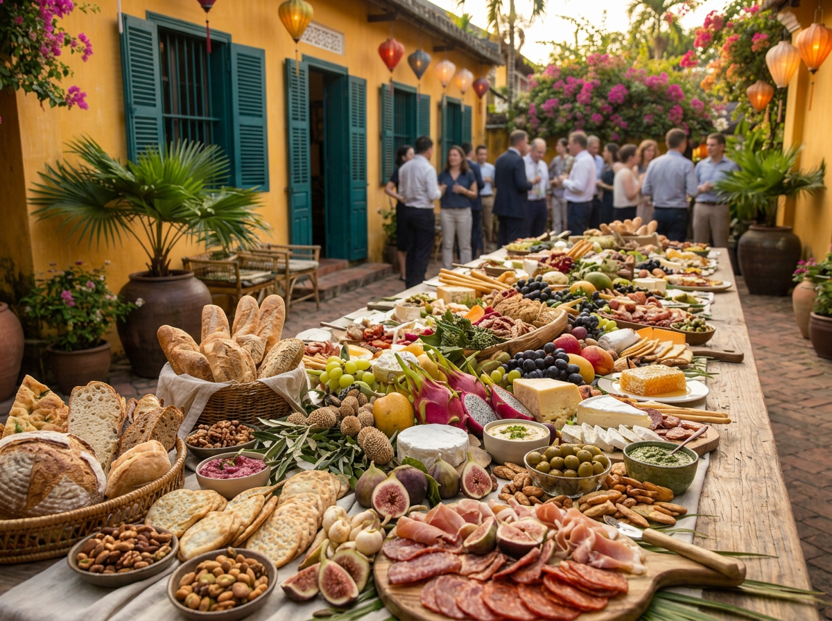 Large corporate grazing table in a Hoi An heritage courtyard