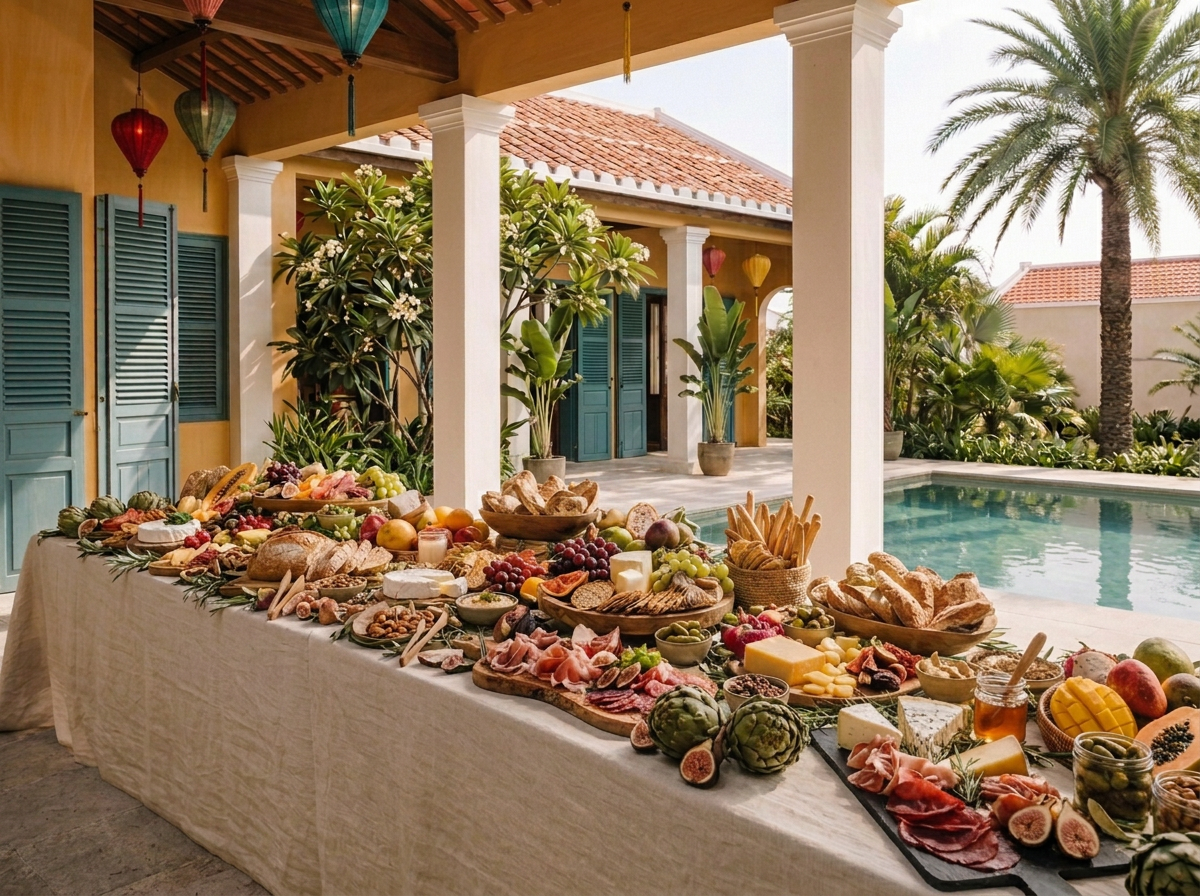 Grand wedding grazing table beside a Hoi An villa pool