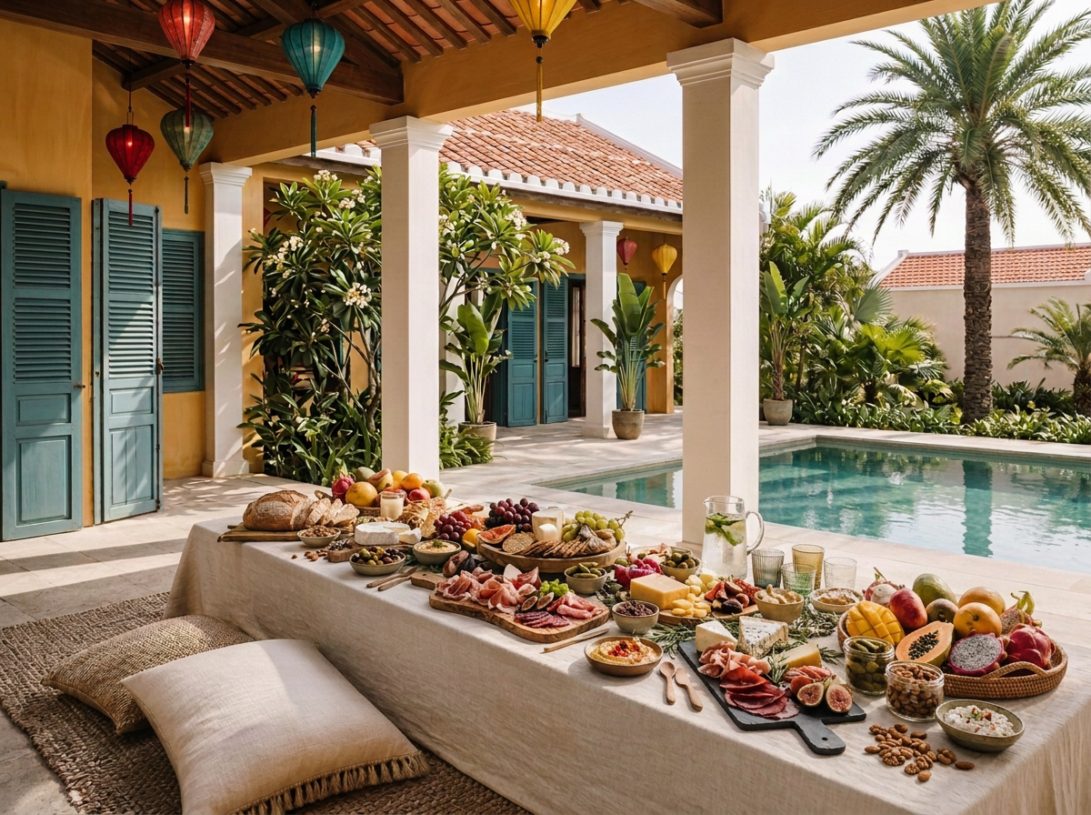 Villa terrace table set beside a pool